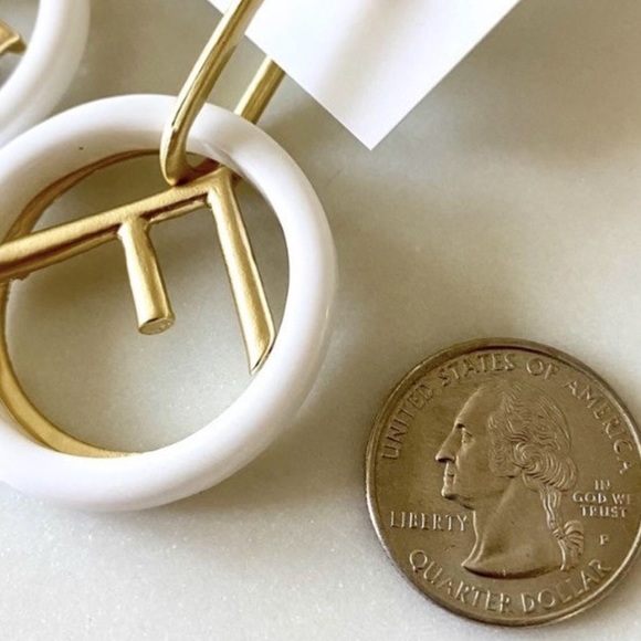 F Luxury Earrings Hoops Brushed Gold White Fashion Design NEW - Picture 4 of 7